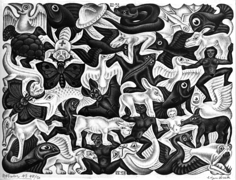 animal, art and craft, M. C. Escher, drawing, no people, close-up, creativity, day, history, animals, optical illusion, signatures, assorted, arts culture and entertainment