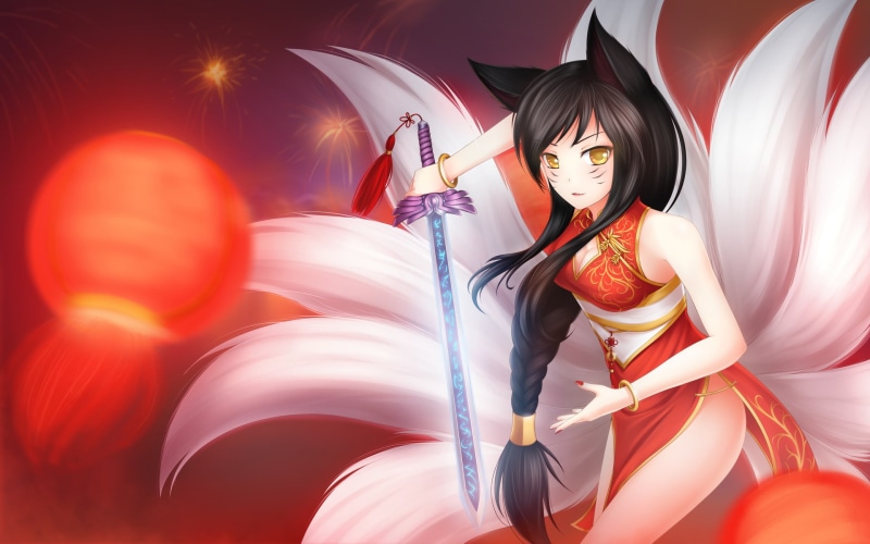 art, sword tail, Nine-Tailed Fox, 1080P, lol, Fox, Ahri, ears, League of Legends, girl