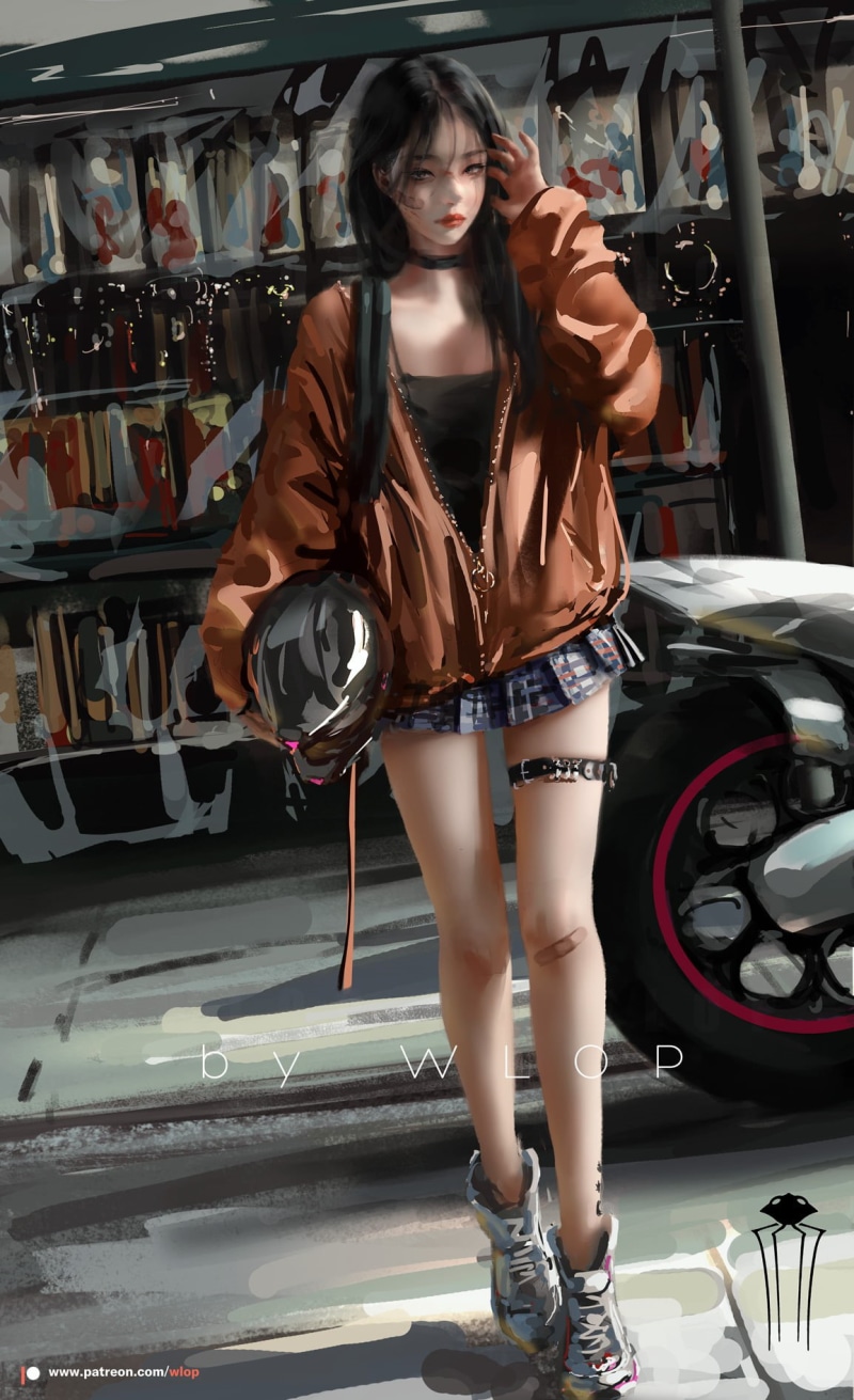 women, motobike, 720P, WLOP, digital art
