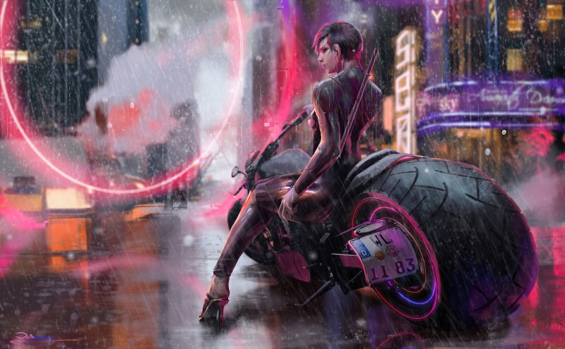 4K, cyberpunk, motobike, science fiction, cybergirl