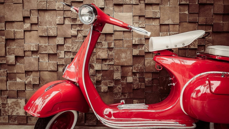 wall - building feature, metal, outdoors, motor scooter, transportation, architecture, travel, motobike, motorcycle, day, red, 1080P, vintage, land vehicle