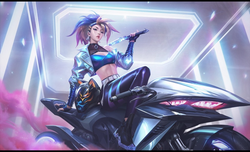 KDA Akali, fictional character, Chengwei Pan, 1080P, digital art, motobike, artwork, League of Legends