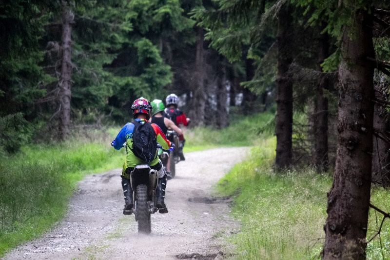 crash helmet, plant, headwear, leisure activity, path, land, real people, transportation, motorcycle, outdoors, day, mode of transportation, forest, men