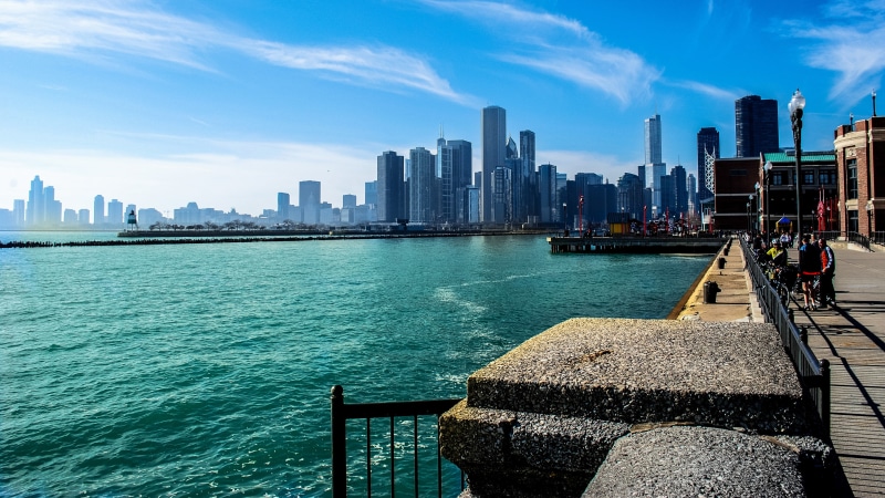 metropolis, skyline, water, chicago, sky, cityscape, city, lake michigan, tower block, 4K, skyscraper, ilinois, lake, daytime, united states