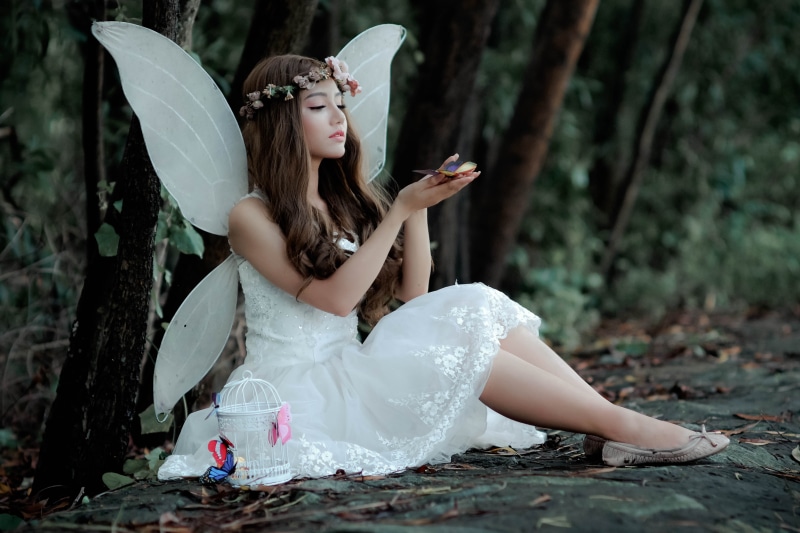 leisure activity, woods, nymph, young, forest, one person, land, tree, wings, female, adult, fantasy, butterfly, long hair, cute, young adult, fairy, real people