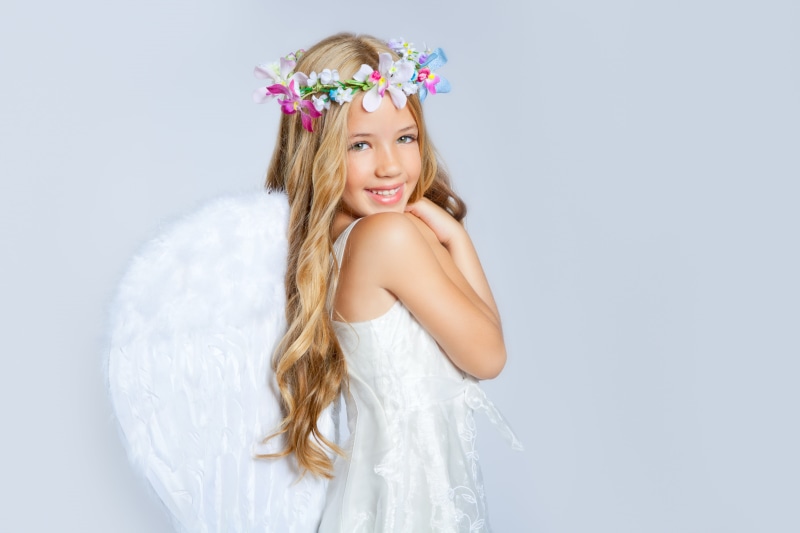 hairstyle, portrait, family, smiling, flower, cute, beautiful little girl, wearing flowers, princess, child, wings, studio Shot, small, indoors, laurel wreath
