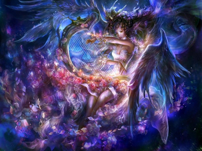 sweet, pretty, girls, colorful, fairies, splendor, 1080P, beautiful, lovely, wings, women, artistic, harp, sound, angel