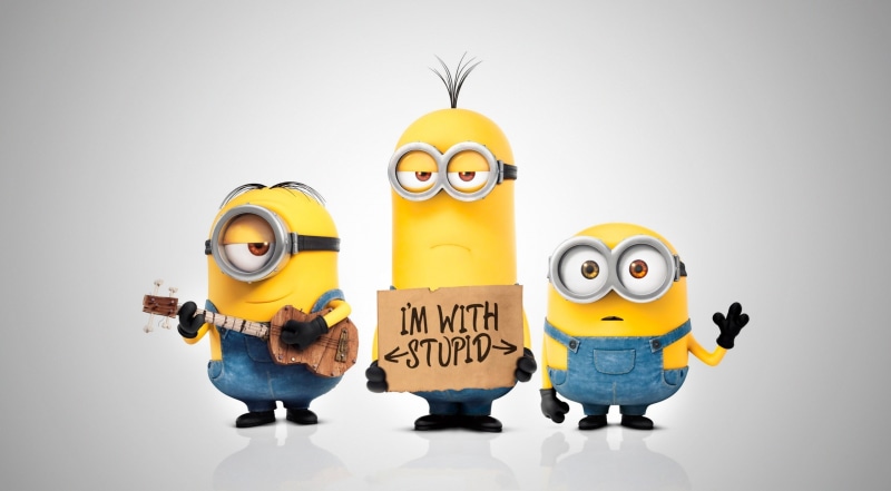 white background, front view, indoors, illustration, multi colored, studio shot, Funny, cut out, 2K, comedy, human representation, minions, yellow, text