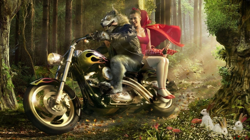 riding, cruiser, man, red, transportation, Little Red Riding Hood, wolf, statue, day, no people, motorcycle, woman, outdoors, art and craft, mode of transportation