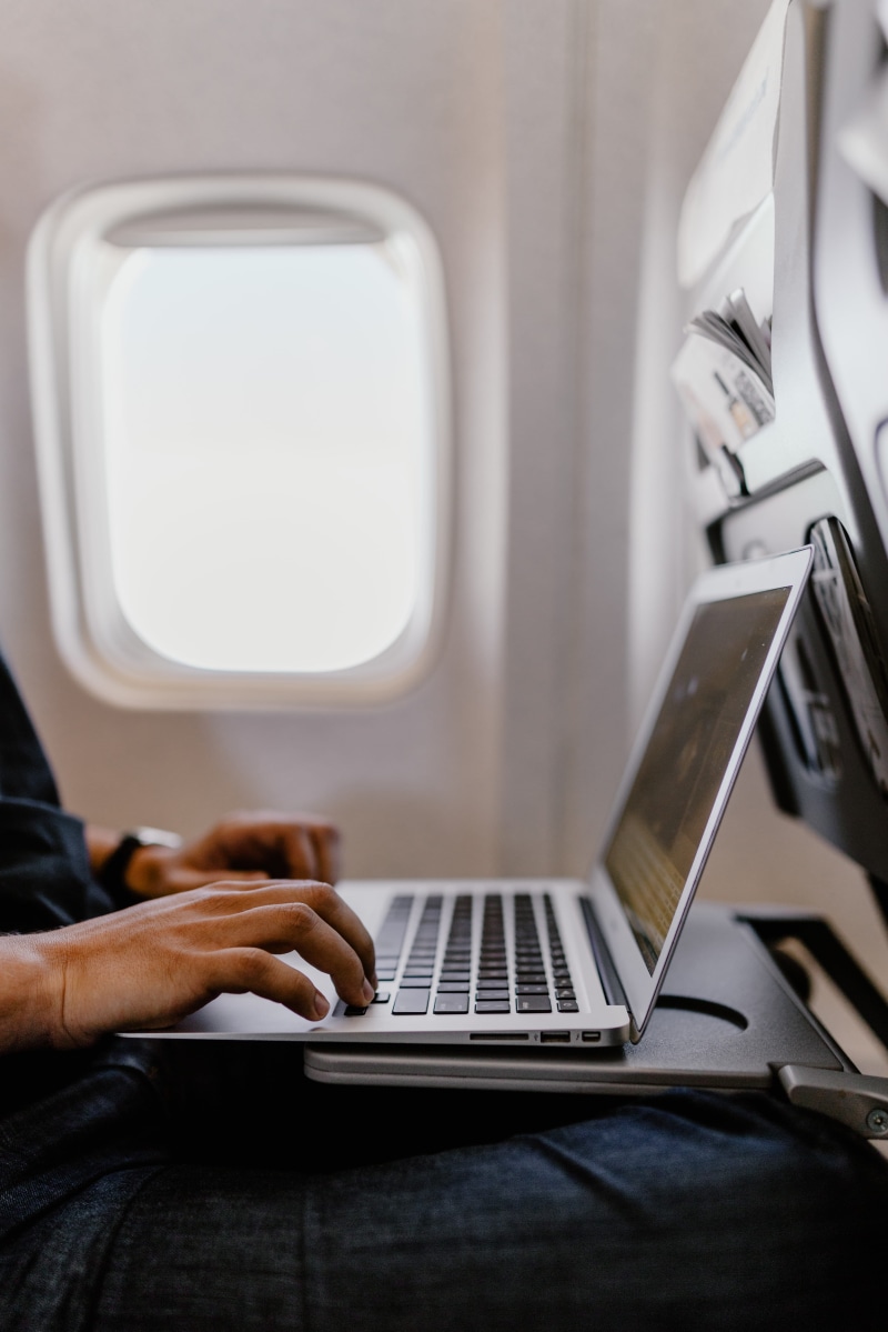 passenger, journey, air vehicle, communication, computer, writing, 5K, keyboard, connection, flight, entrepreneur, working, using laptop, sitting, window