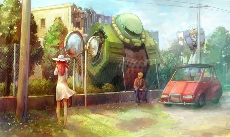 woman, built structure, painting, near, adult, 720P, mech, real people, occupation, window, lifestyles, front, outdoors, building exterior, fence, Gundam