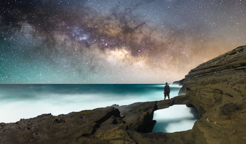 Pacific Ocean, formation, Milky Way, galaxy, ocean, Oahu  Hawaii, landscape, sea, Lava, rock formation, top, Long Exposure, astronomy, near, Ocean  Pacific