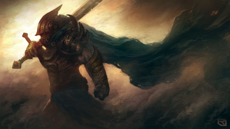 helmet, storm, fantasy art, wind, 1080P, cape, warrior, sword, armor