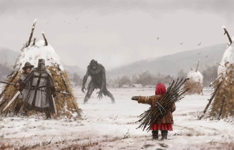 spear, Jakub Różalski, creature, knight, winter, Little Red Hood, trees, mist, crusaders, snow, Werewolf, 720P, creepy, sword, forest, armor, field