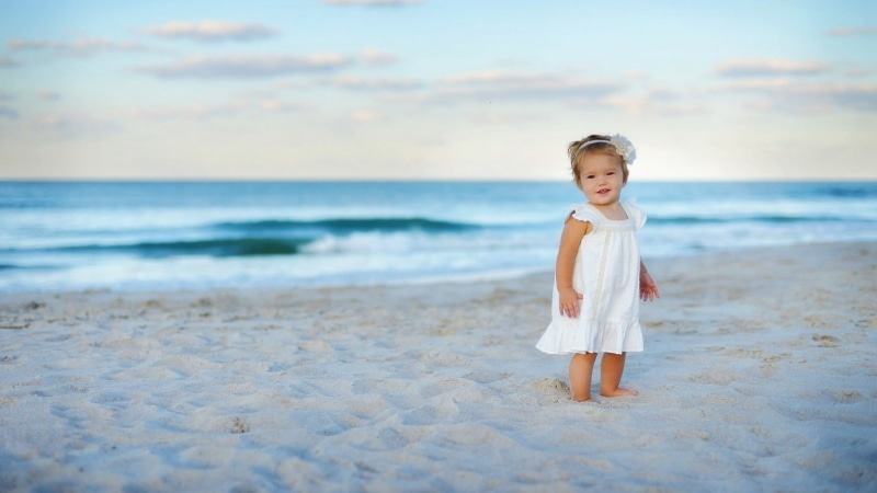 land, child, horizon over water, tank, casual clothing, one person, horizon, sea, white, dress, sky, portrait, sand, 1080P, s, children, girl, full length