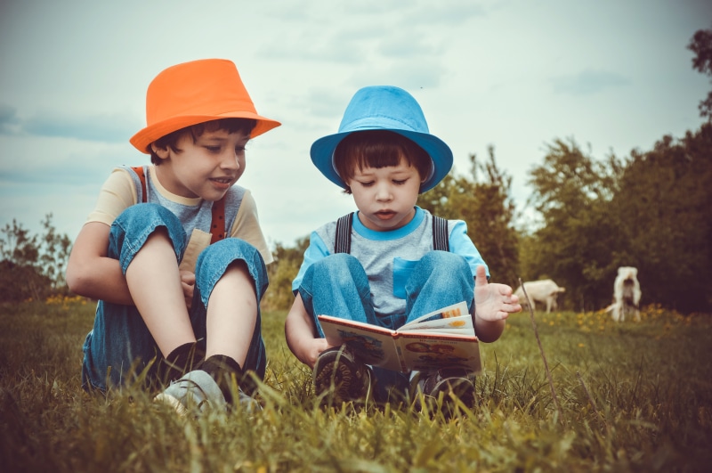 childhood, grass, book, two, baby, child, goats, kid, nature, field, kids, plant, reading, boys, men, read, two boys, village, fun, sitting, sister, summer