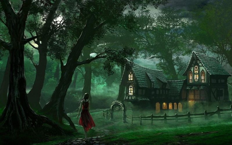 tale, painting, 1080P, near, 3d and abstract, fairy tale, walking, woman, red, dress, girl, house, fantasy, fairy, night