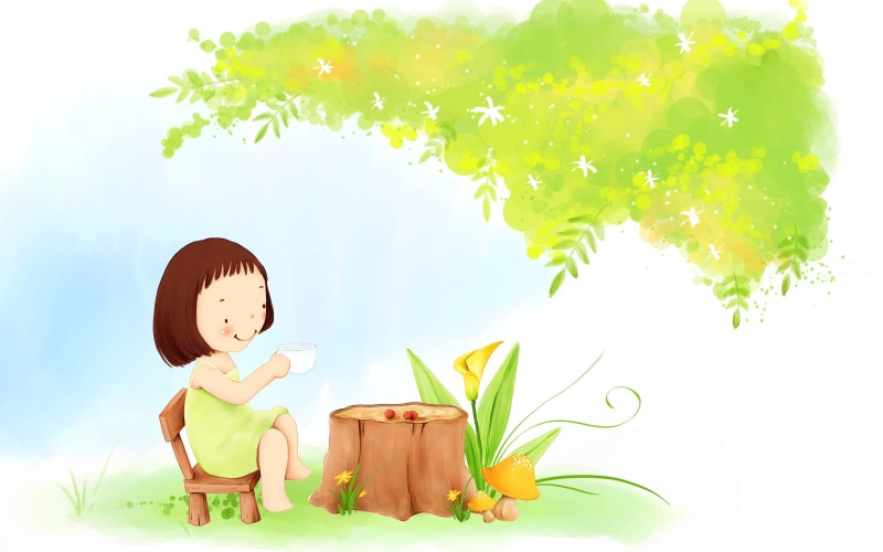 Theme, Painting, Little, Child, Tea, Tree, 2K, Girl