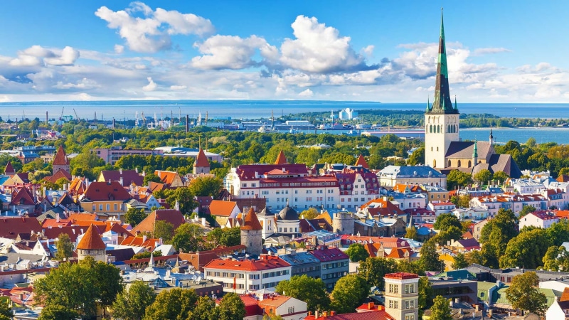 high angle view, no people, residential district, city, built structure, tallin, travel destinations, tower, europa, history, water, building exterior