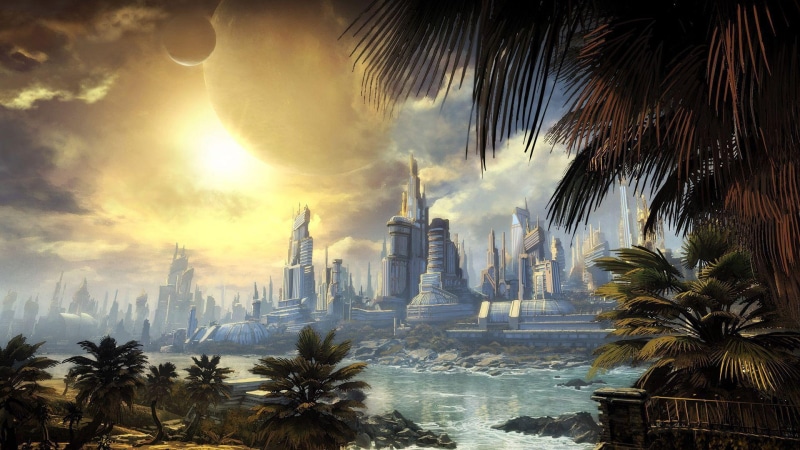 palm, building, cloud, 1920x1080, green, cityscape, 1080P, plant, fi, fantasy, planet, sci