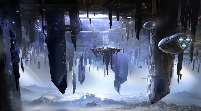 reflection, built structure, digital composite, indoors, science fiction, no people, floating, ice, architecture, cold temperature, icicle, fantasy art