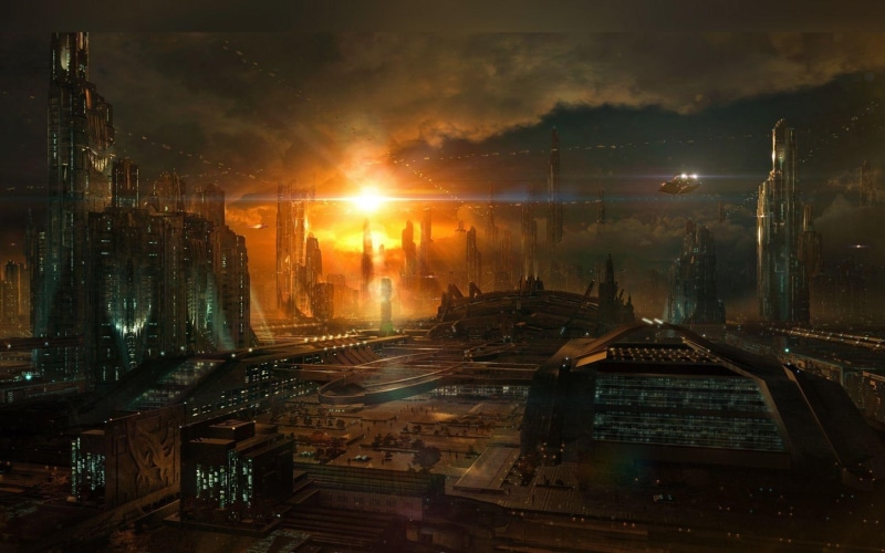 fi, illustration, city, rising, building, 1920x1200, game, cloud, fantasy, 1080P, field, sun, sci, spaceship