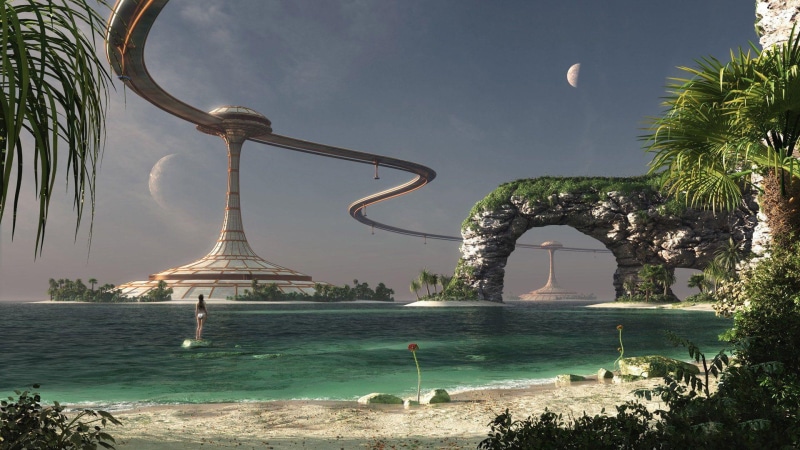 brown, sea, rail, building, fi, ocean, moon, 1920x1080, bridge, 1080P, white, spiral, sci, fantasy