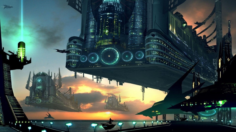 1080P, ships, spaceship, futuristic, architecture, ocean, fantasy, 1920x1080, future, floating, space, structure, structures