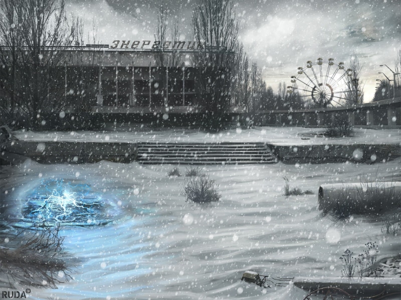 snowing, frozen, building exterior, park, water, cold temperature, blizzard, 720P, tree, building, nature, Pripyat, winter, snows, painting, bare tree