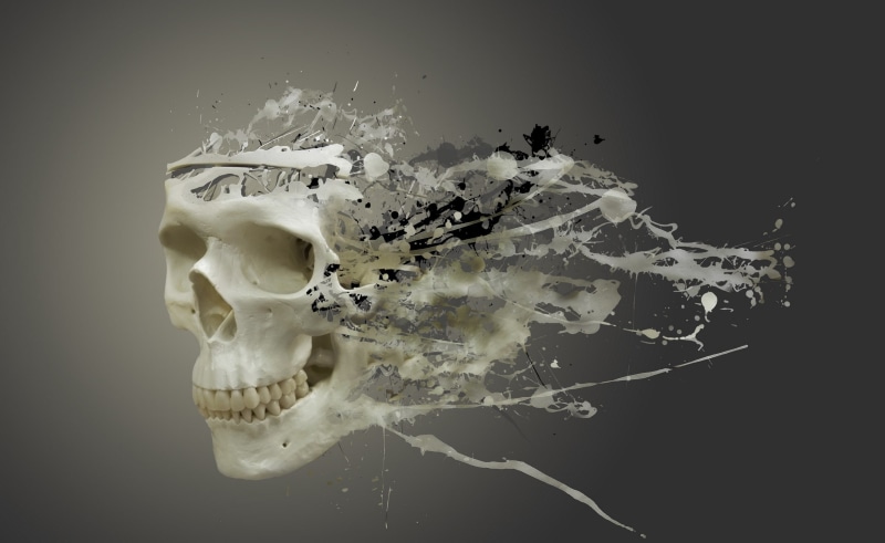 Skull, motion, water, no people, 2K, splashing, food and drink, bone, damaged, black background, single object, close-up, indoors, destruction