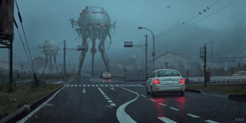 artwork, science fiction, Stefan Koidl, illustration, robot, car, city, apocalyptic, tripod, 1080P