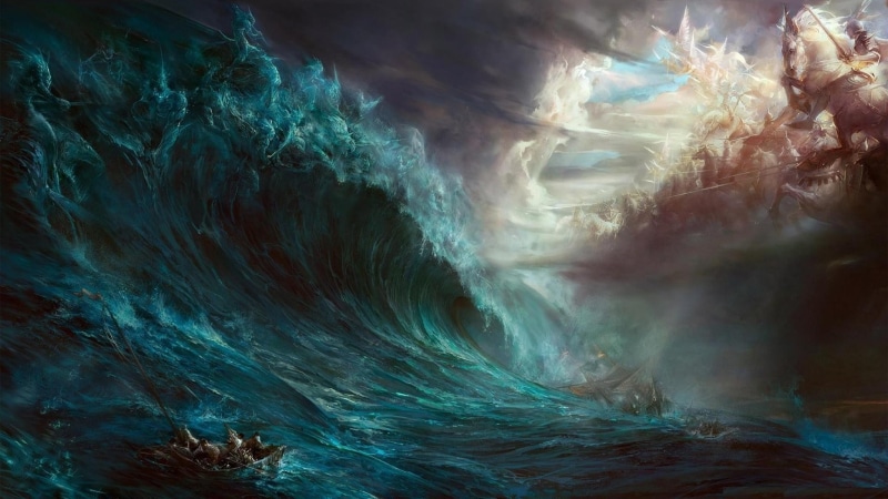 Devil, artwork, Cronus, ship, Zeus, sea, storm, digital art, war, fantasy art, God, 1080P