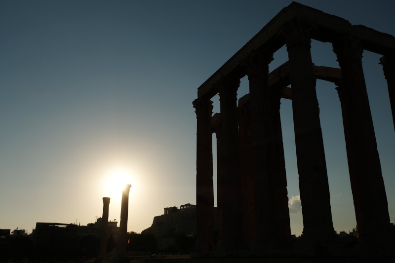 outdoors, low angle view, tourism, clear sky, Greece, ruined, place of worship, architecture, 5K, no people, sunlight, mythology, built structure, sunset