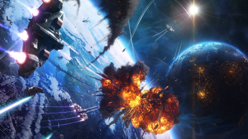 building exterior, glowing, lighting equipment, spaceship, no people, skyscraper, 1080P, illuminated, planet, battle, explosion, light - natural phenomenon