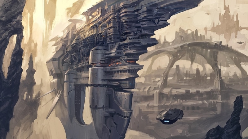 place of worship, travel, spacecraft, religion, built structure, outdoors, reflection, day, artwork, transportation, building exterior, nature, futuristic city
