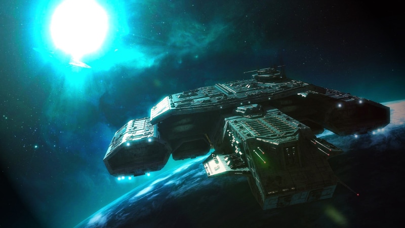 no people, outdoors, underwater, Stargate, sea, night, built structure, Daedalus-class, 1080P, lighting equipment, space, spacecraft, illuminated, arts culture and entertainment