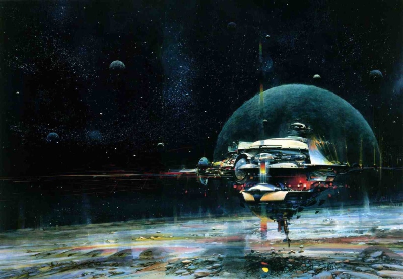 planet, science fiction, transportation, gray, 720P, real people, John Berkey, illuminated, people, spacecraft, spaceship, architecture, night