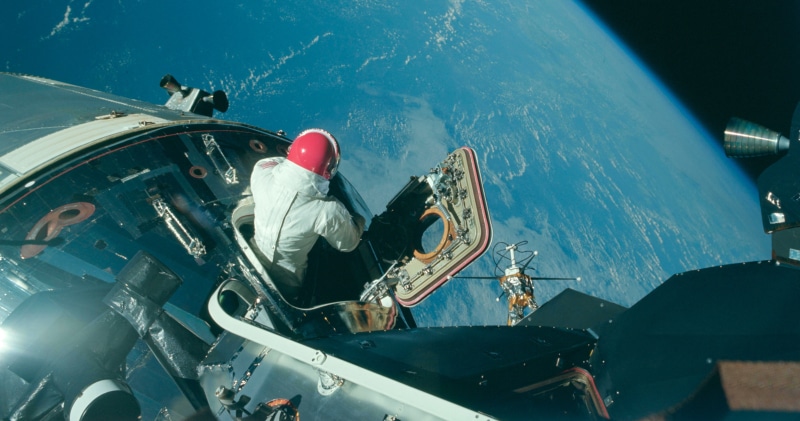 water, Apollo, astronaut, ship, real people, day, NASA, mode of transportation, men, helmet, nautical vessel, working, red, rear view, transportation, outdoors