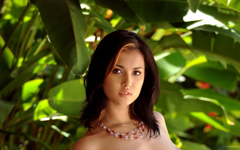 focus on foreground, plant, Maria Ozawa , green color, 1080P, portrait, nature, Maria Ozawa, layered, s, red, looking at camera, young adult, headshot