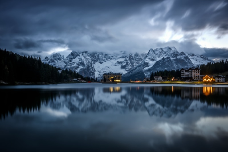 Misurina, mountains, covered, outdoors, water, landscape, Dolomites, Reflections, buildings, near, mountain, snow, nature, Auronzo di Cadore, reflection