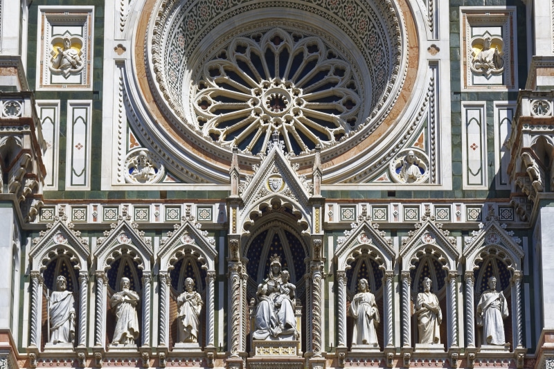 outdoors, ornate, firenze, religion, building, art and craft, day, low angle view, travel, italy, rose window, travel destinations, church, spirituality