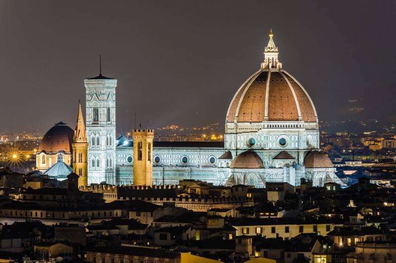 Giottos bell tower, maria, fiore, home, lights, del, 1080P, Italy, the sky, santa, cathedral, night, the Cathedral of Santa Maria del Fiore, Florence
