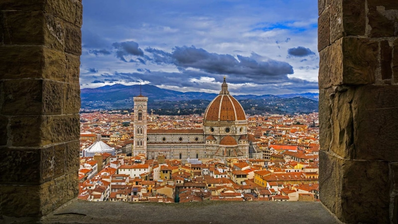 travel, spirituality, brown, architecture, built structure, bricks, old building, hills, Santa Maria del Fiore, dome, no people, clouds, building exterior