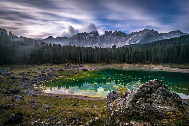 mountains, Carezza, reflection, Dolomites, long exposure, forest, de, south, scenics, rainbow, landscape, beauty In Nature, Fog, Italy, Latemar, mountain Peak