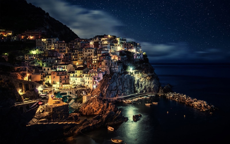 Cinque, 1080P, Italy, Night, Coast, Terre, House, Lights, Cliff
