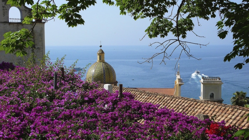 house, Salerno, Italy, ship, the dome, roof, trees, flowers, sea, mountain, Positano, 1080P