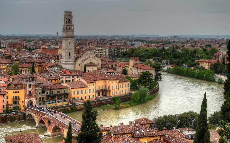Verona, River, city, Adige, Buildings, Italy, 1080P, pietra, ponte, Bridge, biulding