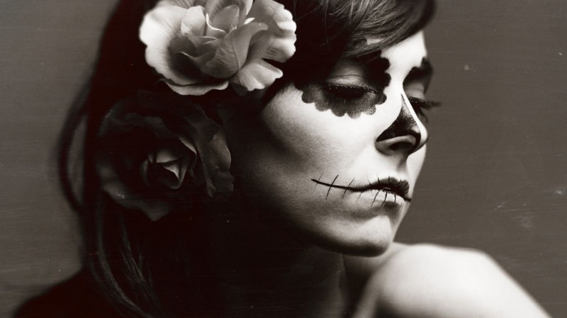 human face, face, flower, 720P, creativity, indoors, bizarre, digital composite, close-up, portrait, flowering plant, human body part, adult, one person