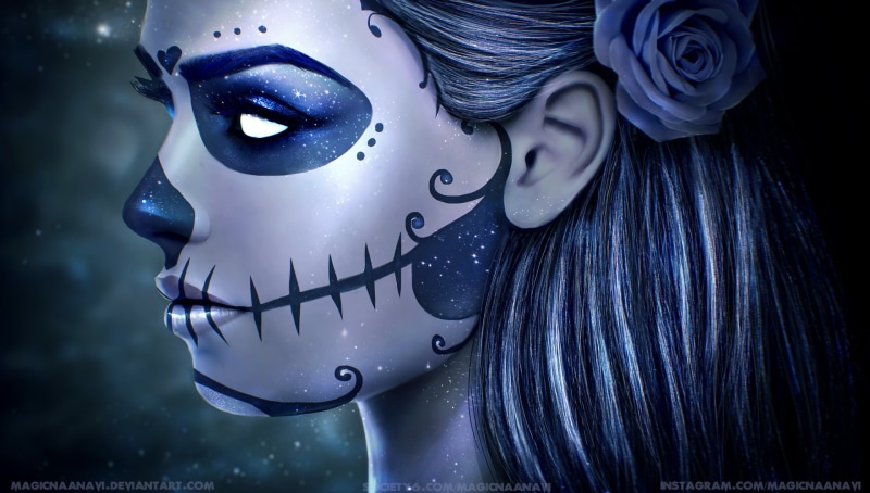 Dia de los Muertos, flower in hair, digital painting, digital, women, digital art, 1080P, dark, hair, Sugar Skull, artwork