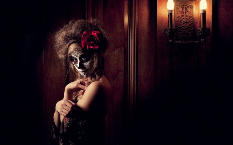 young adult, spooky, women, beautiful woman, face paint, fear, bare shoulders, young women, indoors, real people, adult, Sugar Skull, portrait, fantasy girl